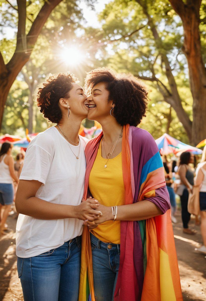 A vibrant, joyful gathering of diverse women celebrating their bond in a colorful park, adorned with rainbow flags and flowers, sharing laughter and stories. The background is filled with soft sunlight filtering through trees, highlighting moments of support and connection. Each woman represents a unique facet of lesbian culture, showcasing love and solidarity. whimsical style. vibrant colors. natural surroundings.