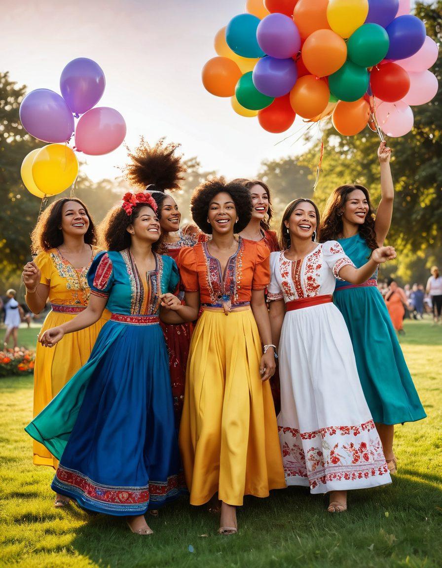 A vibrant scene depicting a diverse group of joyful women of various ethnicities celebrating together in a colorful park. They are wearing festive, traditional attire that represents their unique cultures, surrounded by balloons and flowers, sharing laughter and warmth. The background features a beautiful sunset, symbolizing unity in diversity. super-realistic. vibrant colors. cheerful atmosphere.
