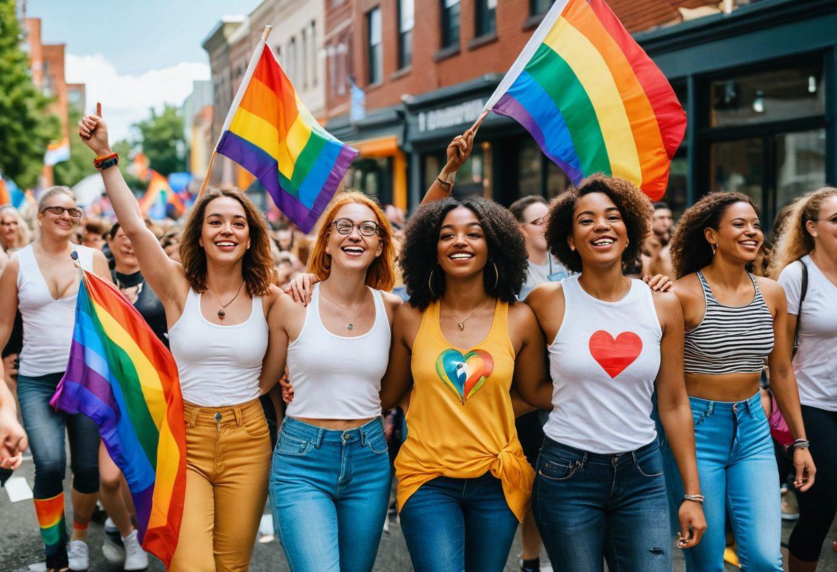 A vibrant Pride parade scene, filled with joyful LGBTQ+ individuals waving colorful flags, wearing eye-catching outfits, and embracing each other in solidarity. In the background, diverse murals celebrating love and acceptance decorate the streets, with hearts and rainbows symbolizing unity. The atmosphere is filled with positivity and empowerment, radiating warmth and inclusivity. super-realistic. vibrant colors. 3D.